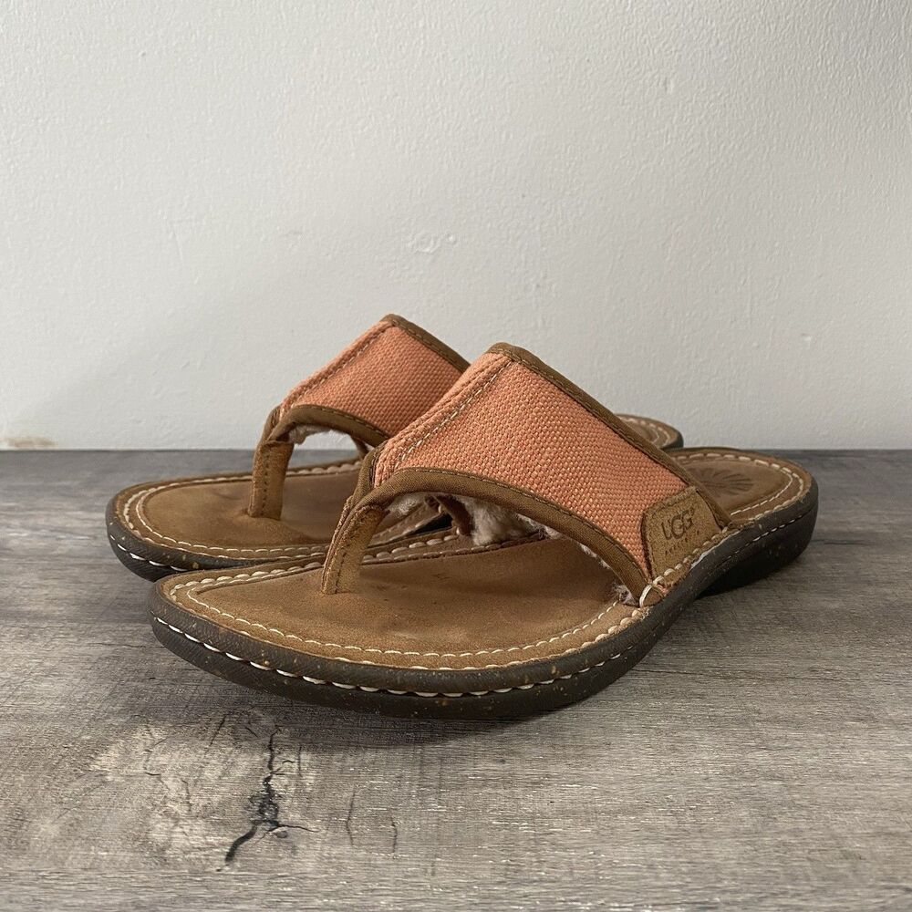 UGG Australia Flip Flops Womens 6 Coral Seafoam Leather Sandals Sherpa Fur Lined